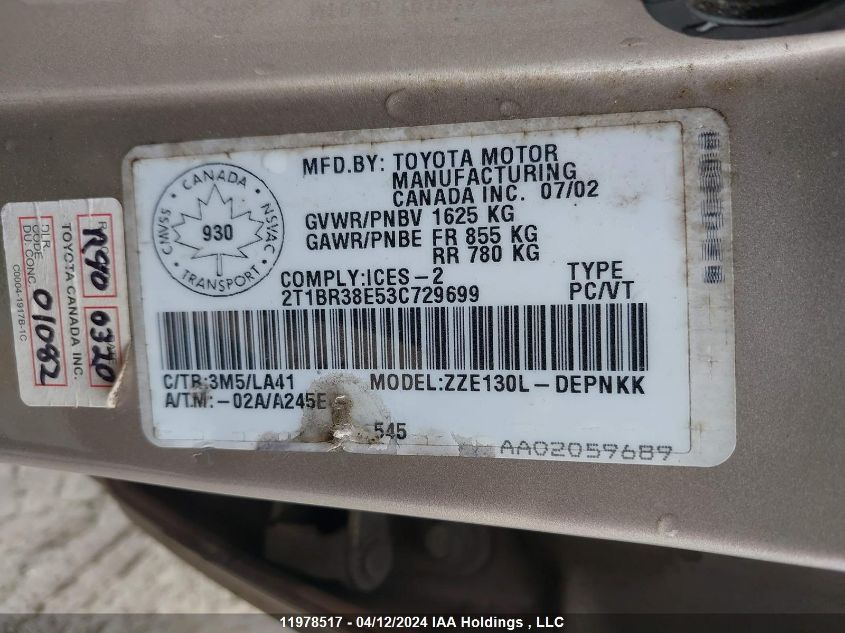 2003 Toyota Corolla Ce/Le/S VIN: 2T1BR38E53C729699 Lot: 11978517