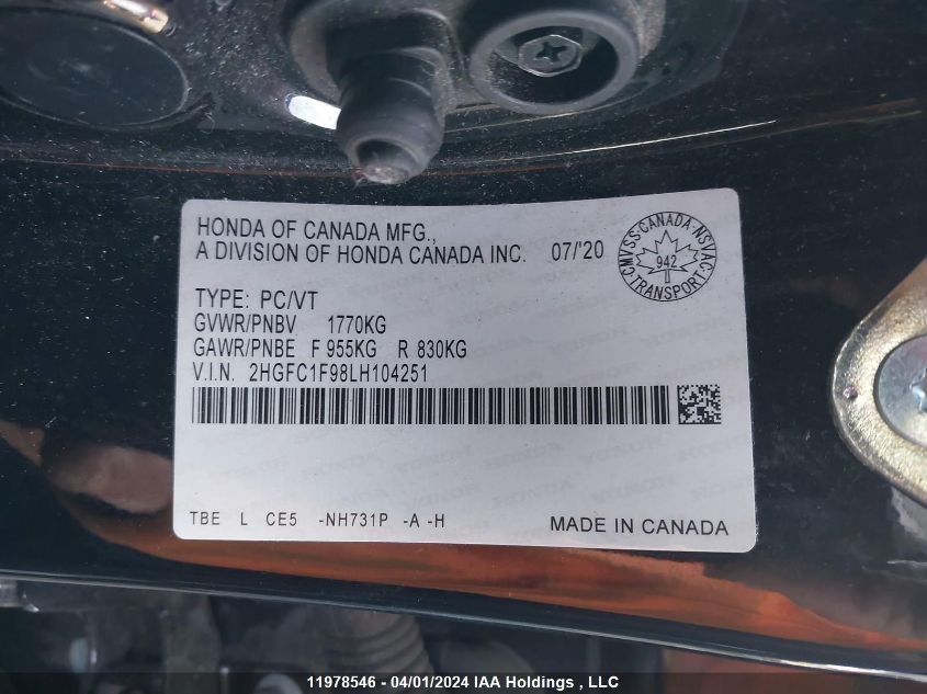 2020 Honda Civic Sedan VIN: 2HGFC1F98LH104251 Lot: 11978546