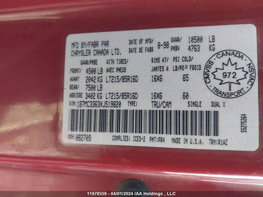 1999 Dodge Ram 3500 VIN: 1B7MC3363XJ519820 Lot: 11978559