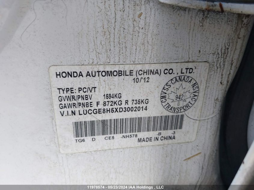 2013 Honda Fit VIN: LUCGE8H5XD3002014 Lot: 11978574