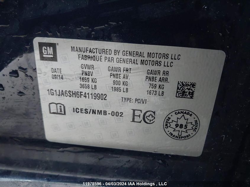 2015 Chevrolet Sonic VIN: 1G1JA6SH6F4119902 Lot: 11978596