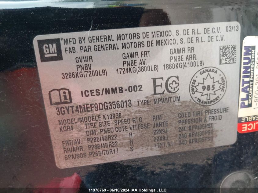 2013 Cadillac Escalade Ext Luxury VIN: 3GYT4MEF9DG356013 Lot: 11978769