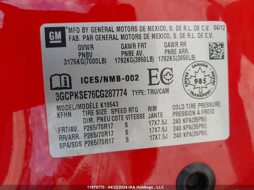 2012 Chevrolet Silverado K1500 Lt VIN: 3GCPKSE76CG287774 Lot: 11978770