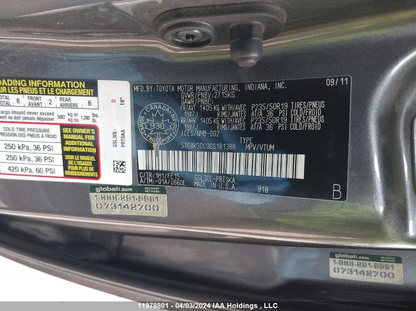 2012 Toyota Sienna VIN: 5TDXK3DC0CS181388 Lot: 11978801