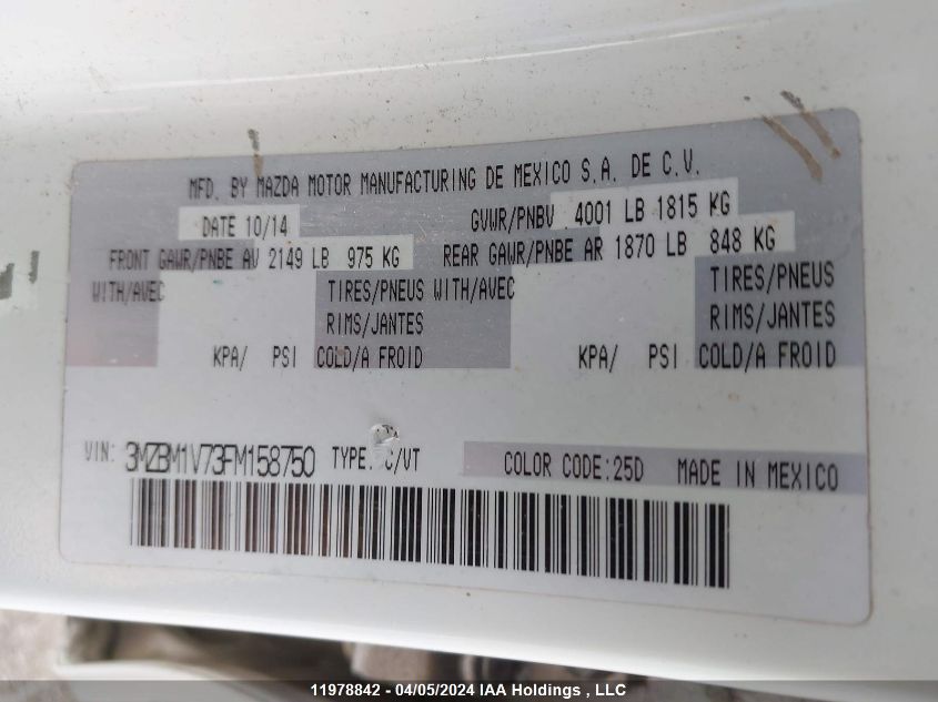 2015 Mazda Mazda3 VIN: 3MZBM1V73FM158750 Lot: 11978842
