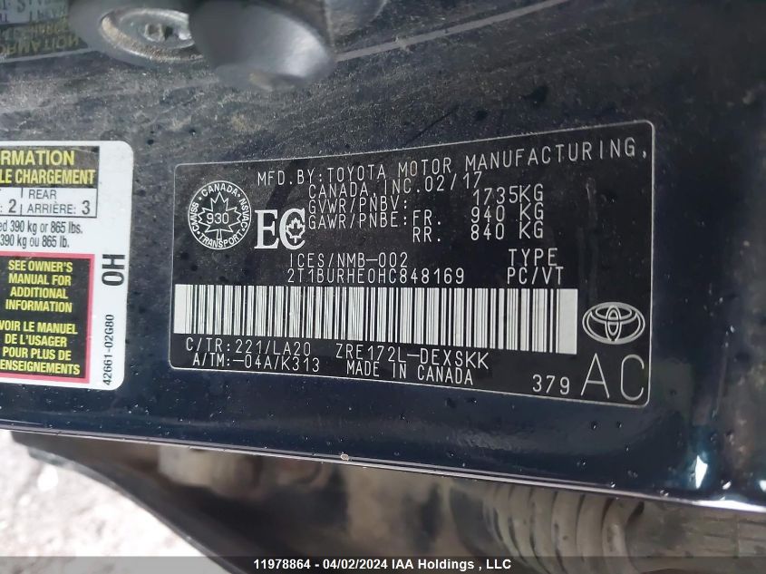 2017 Toyota Corolla VIN: 2T1BURHE0HC848169 Lot: 11978864