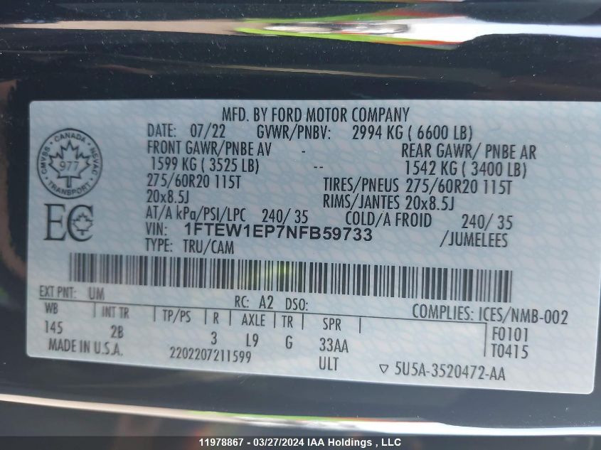 2022 Ford F-150 Lariat VIN: 1FTEW1EP7NFB59733 Lot: 11978867