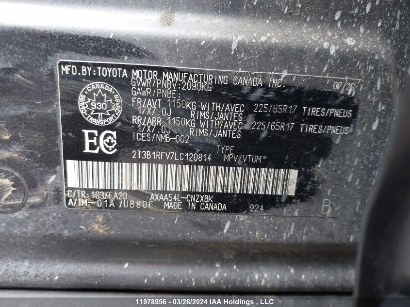 2020 Toyota Rav4 VIN: 2T3B1RFV7LC120814 Lot: 11978956