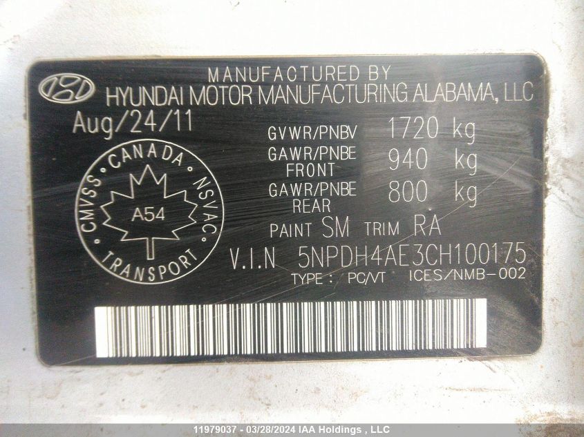2012 Hyundai Elantra Gls/Limited VIN: 5NPDH4AE3CH100175 Lot: 39240987