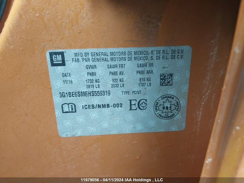 2017 Chevrolet Cruze Lt VIN: 3G1BE6SM6HS559319 Lot: 11979056