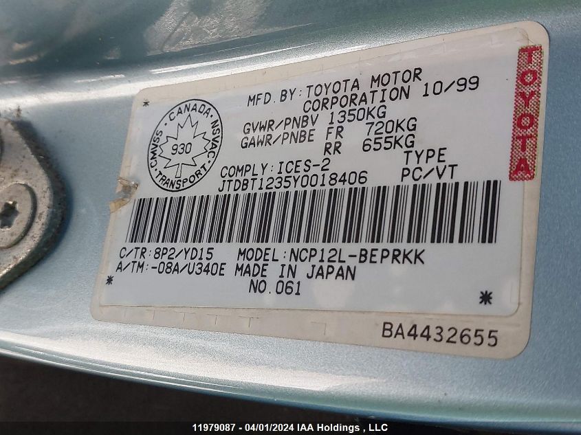 2000 Toyota Echo VIN: JTDBT1235Y0018406 Lot: 11979087