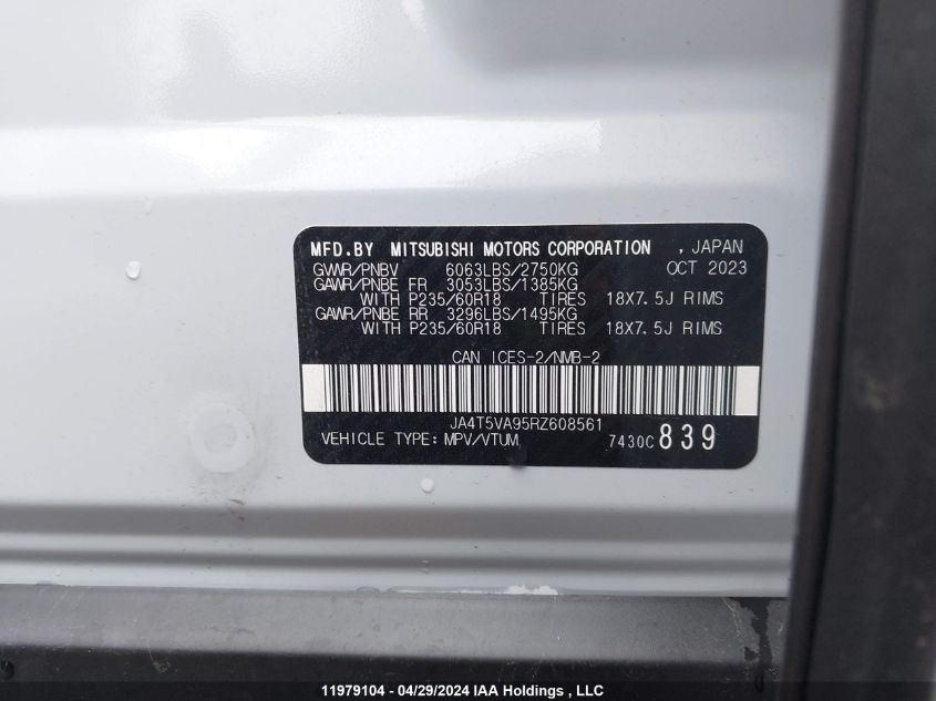 2024 Mitsubishi Outlander Phev VIN: JA4T5VA95RZ608561 Lot: 11979104