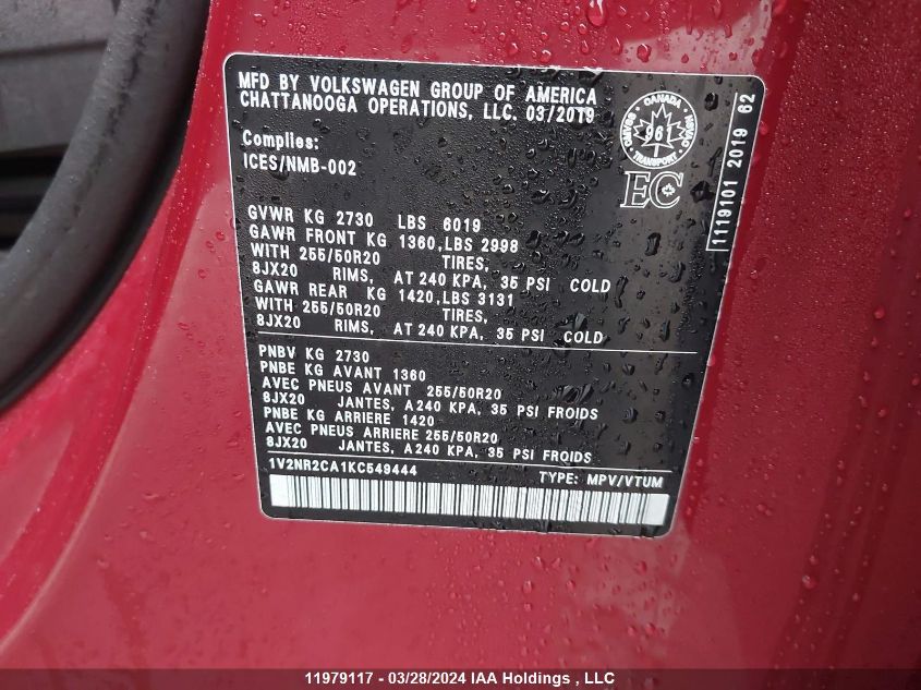 2019 Volkswagen Atlas VIN: 1V2NR2CA1KC549444 Lot: 11979117