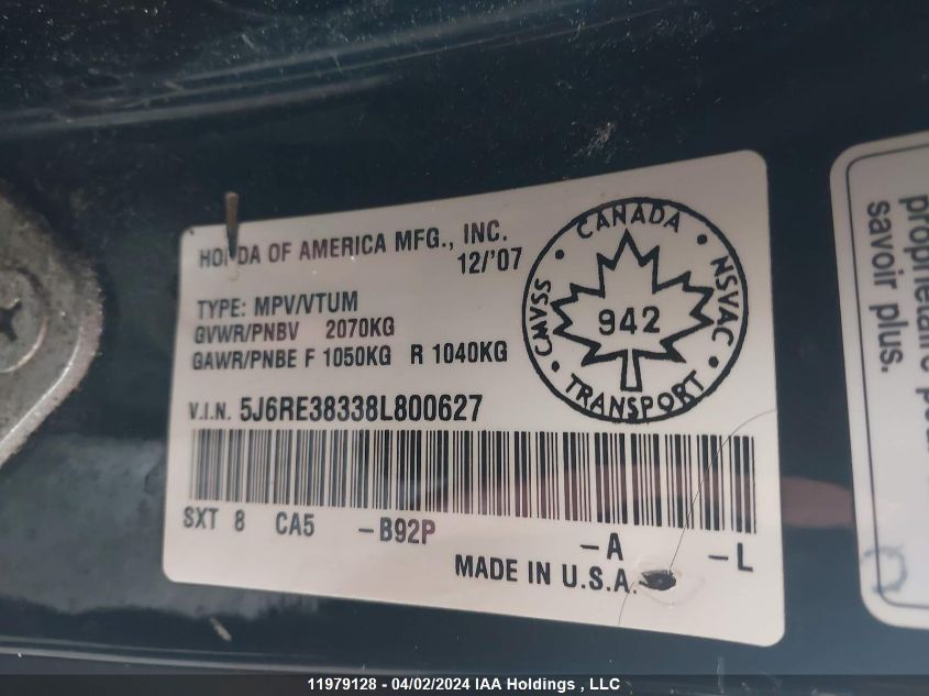 2008 Honda Cr-V VIN: 5J6RE38338L800627 Lot: 11979128