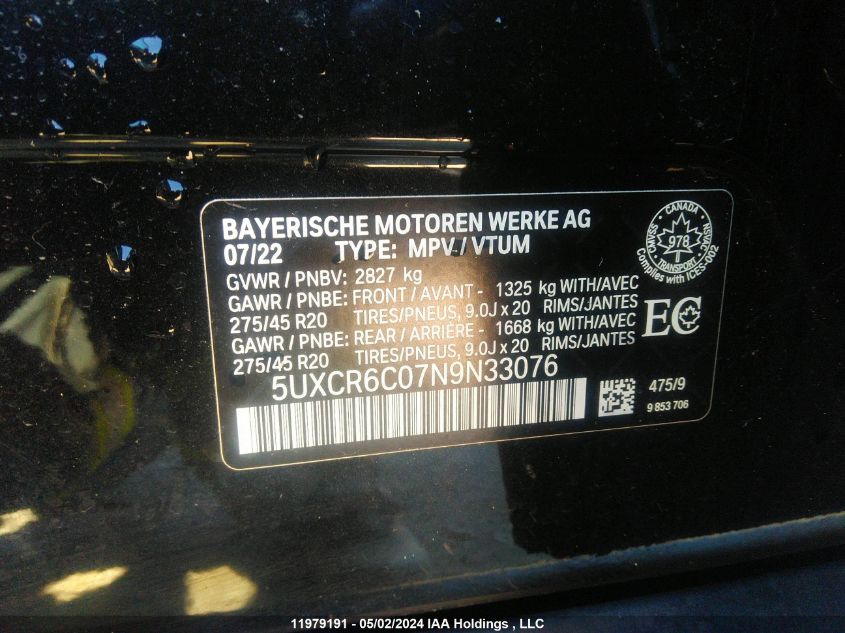 2022 BMW X5 xDrive40I VIN: 5UXCR6C07N9N33076 Lot: 11979191