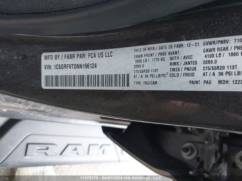 2022 Ram 1500 Sport VIN: 1C6SRFVT0NN196124 Lot: 11979378