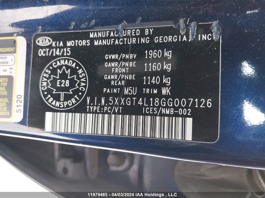 2016 Kia Optima VIN: 5XXGT4L18GG007126 Lot: 11979465