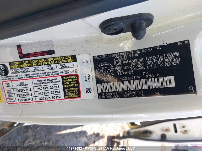 2011 Toyota Sienna Xle/Limited VIN: 5TDYK3DC6BS031708 Lot: 11979482