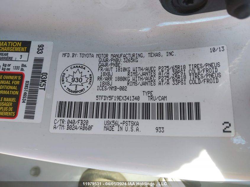 2014 Toyota Tundra Crewmax Sr5 VIN: 5TFDY5F19EX341340 Lot: 11979531