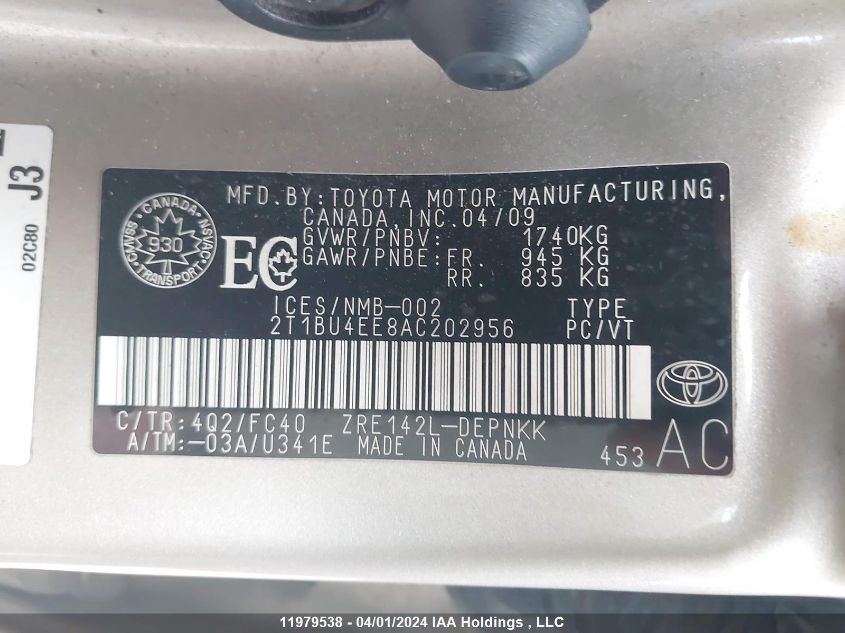 2010 Toyota Corolla S/Le/Xle VIN: 2T1BU4EE8AC202956 Lot: 39240697