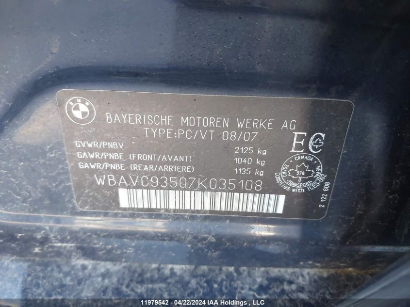 2007 BMW 3 Series VIN: WBAVC93507K035108 Lot: 11979542
