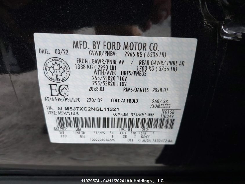 2022 Lincoln Aviator VIN: 5LM5J7XC2NGL11321 Lot: 11979574