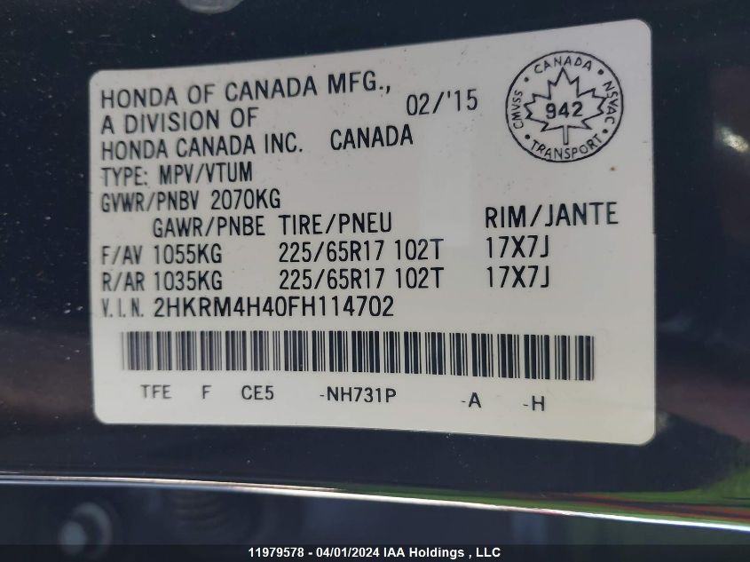 2015 Honda Cr-V Se VIN: 2HKRM4H40FH114702 Lot: 11979578