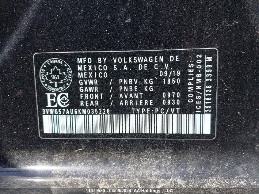 2019 Volkswagen Golf VIN: 3VWG57AU6KM035228 Lot: 11979580