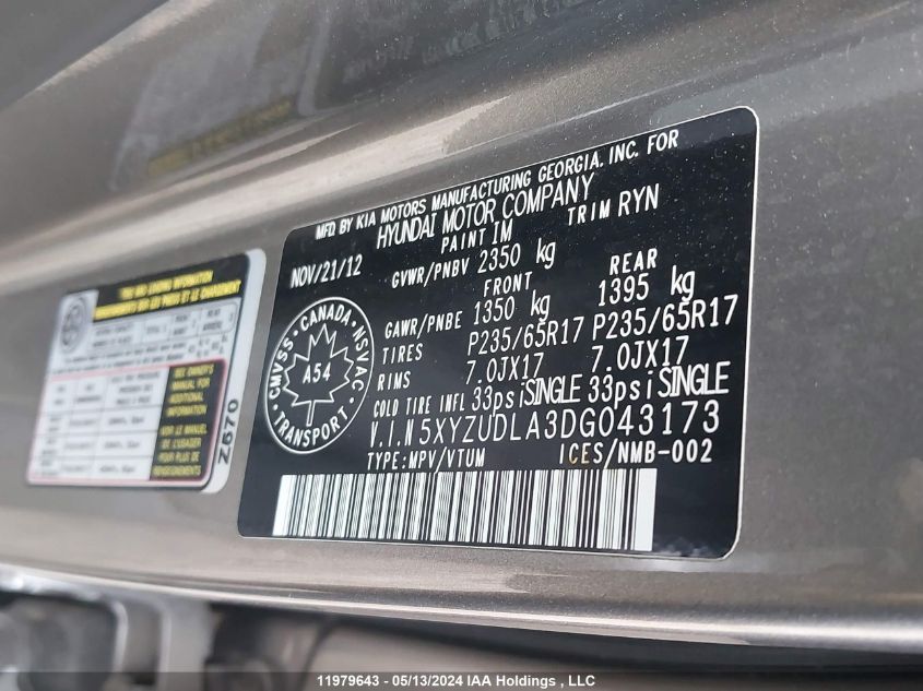 2013 Hyundai Santa Fe VIN: 5XYZUDLA3DG043173 Lot: 11979643