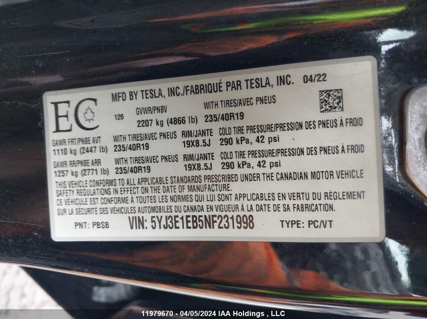 2022 Tesla Model 3 VIN: 5YJ3E1EB5NF231998 Lot: 11979670