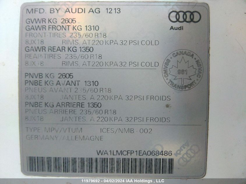 2014 Audi Q5 VIN: WA1LMCFP1EA068486 Lot: 11979692