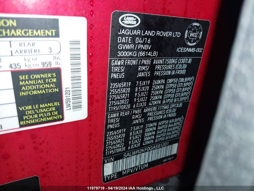 2016 Land Rover Range Rover Sport VIN: SALWR2KF0GA591201 Lot: 11979719