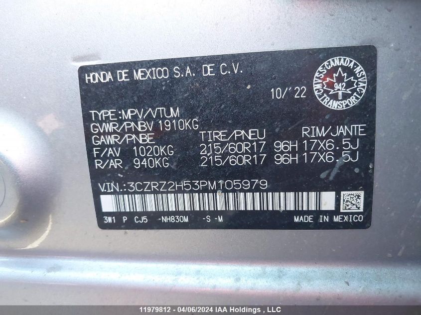 2023 Honda Hr-V VIN: 3CZRZ2H53PM105979 Lot: 11979812