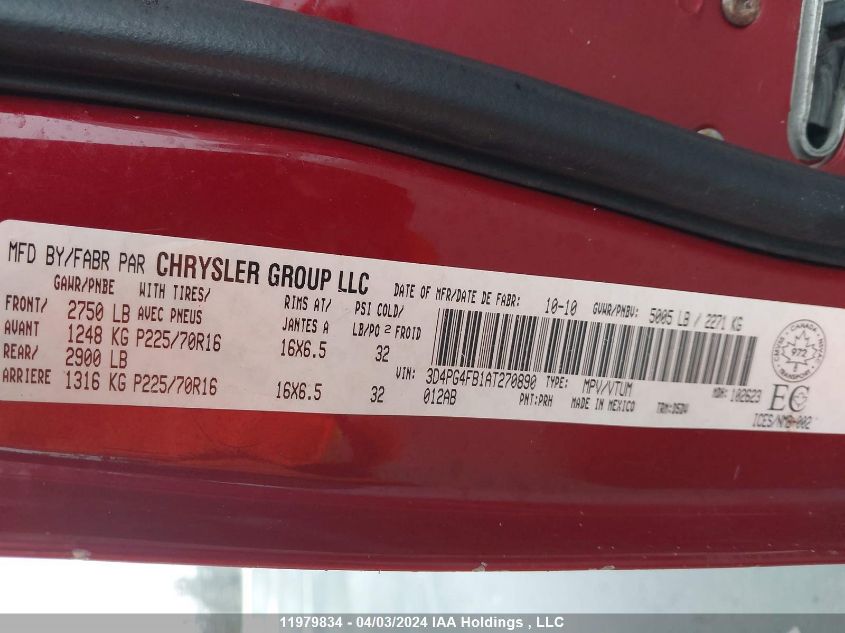 2010 Dodge Journey Se VIN: 3D4PG4FB1AT270890 Lot: 11979834