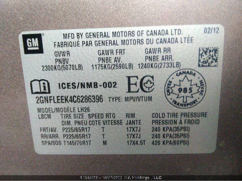 2012 Chevrolet Equinox VIN: 2GNFLEEK4C6286396 Lot: 11979841