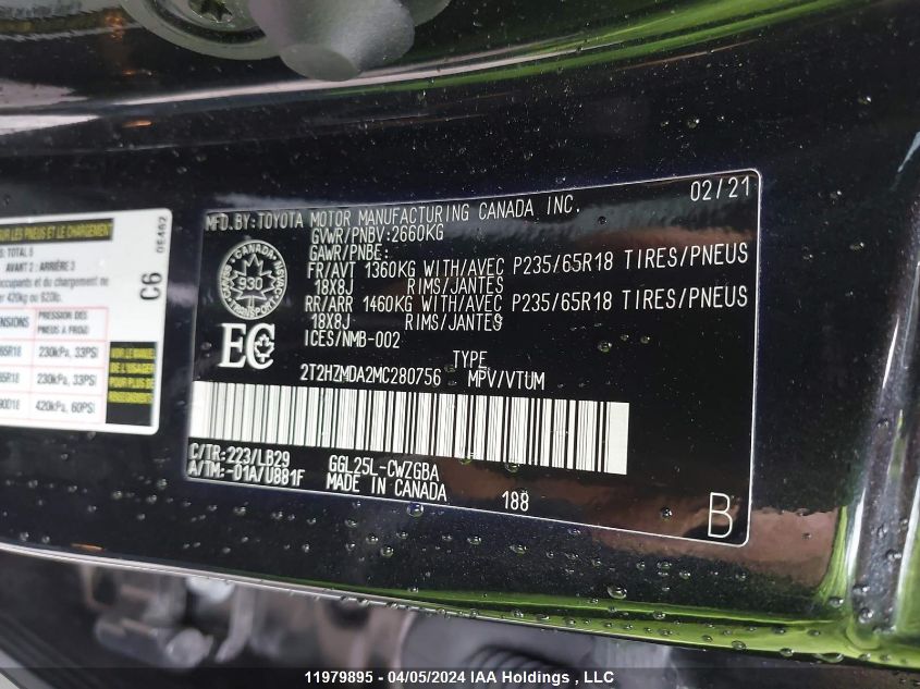 2021 Lexus Rx 350 VIN: 2T2HZMDA2MC280756 Lot: 11979895