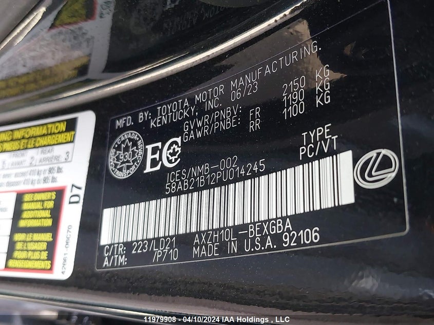 2023 Lexus Es 300H VIN: 58AB21B12PU014245 Lot: 11979908