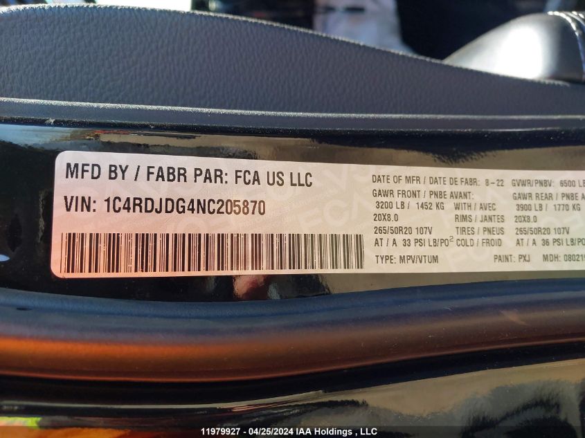 2022 Dodge Durango Gt VIN: 1C4RDJDG4NC205870 Lot: 11979927