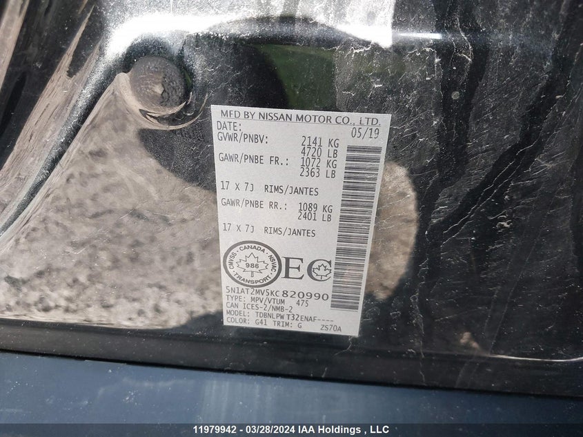 2019 Nissan Rogue VIN: 5N1AT2MV5KC820990 Lot: 11979942
