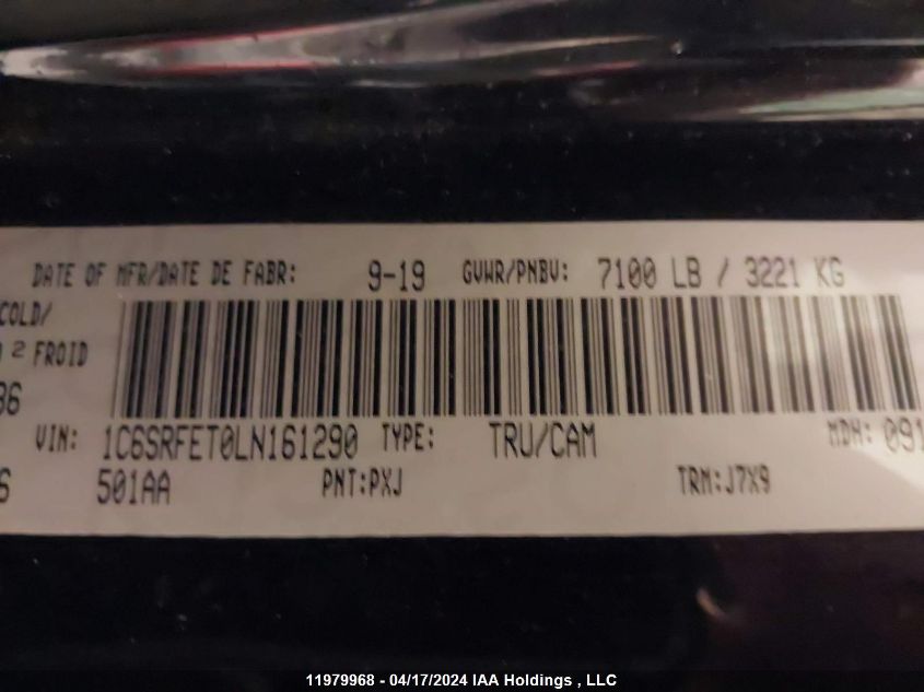 2020 Ram 1500 Rebel VIN: 1C6SRFET0LN161290 Lot: 11979968