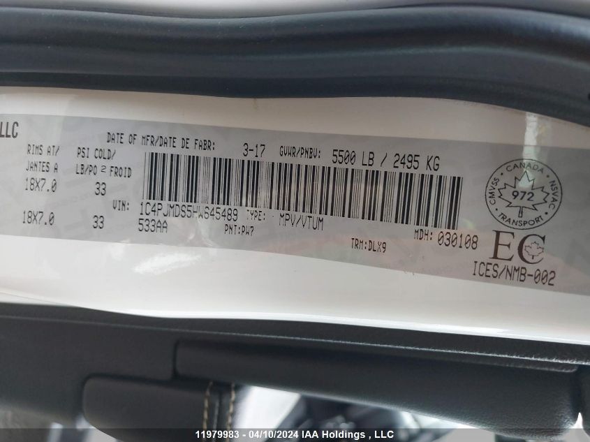 2017 Jeep Cherokee Limited VIN: 1C4PJMDS5HW645489 Lot: 11979983