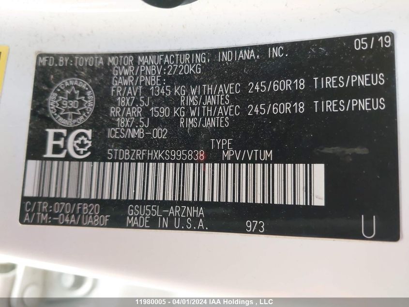 2019 Toyota Highlander Le/Le Plus VIN: 5TDBZRFHXKS995838 Lot: 39241591