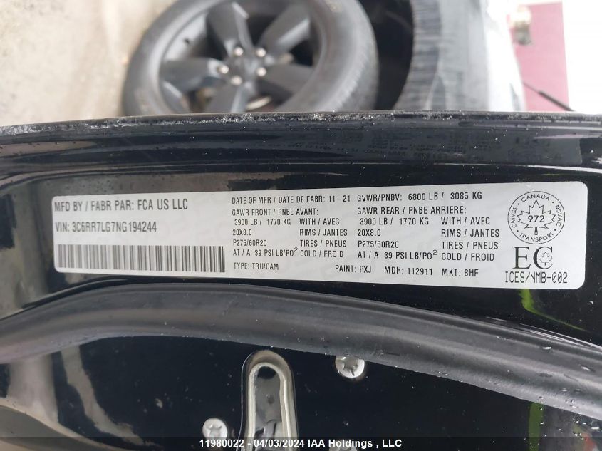 2022 Ram 1500 Classic Slt VIN: 3C6RR7LG7NG194244 Lot: 11980022