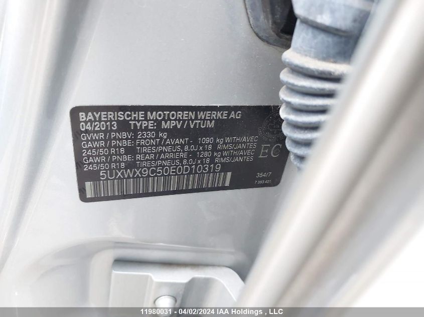 2014 BMW X3 VIN: 5UXWX9C50E0D10319 Lot: 11980031