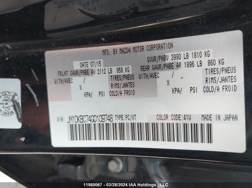 2016 Mazda Cx-3 VIN: JM1DKBC74G0109748 Lot: 11980067