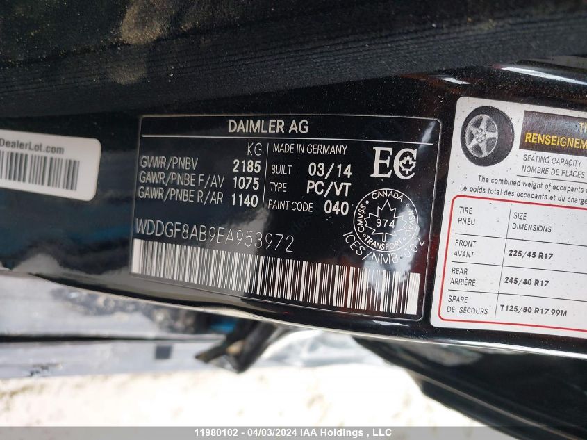 2014 Mercedes-Benz C 300 4Matic VIN: WDDGF8AB9EA953972 Lot: 11980102