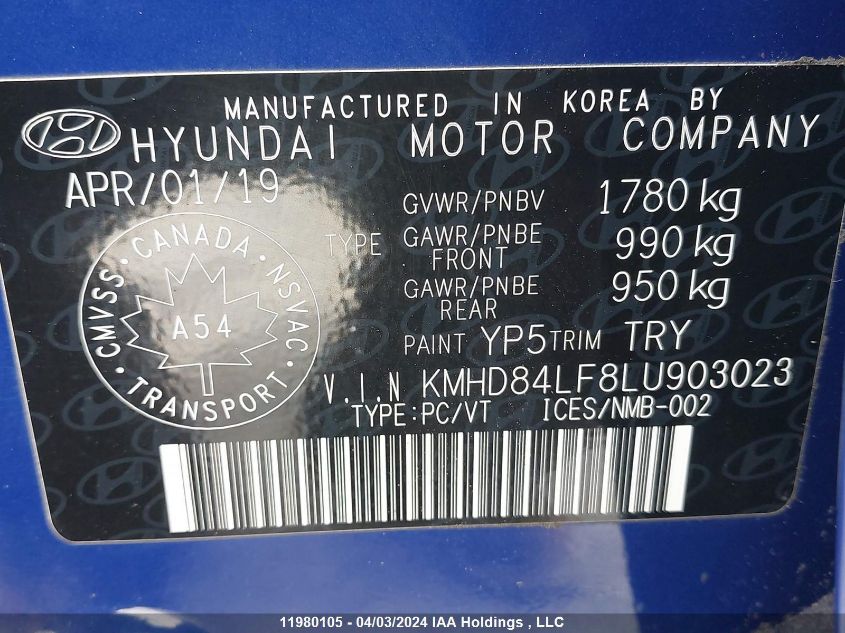 2020 Hyundai Elantra Sel/Value/Limited VIN: KMHD84LF8LU903023 Lot: 11980105