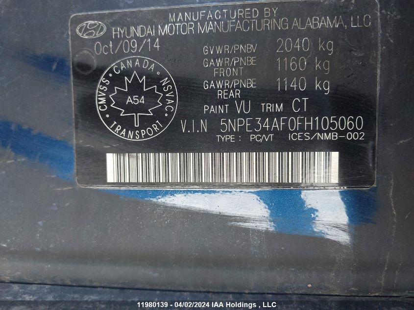 2015 Hyundai Sonata Sport/Limited VIN: 5NPE34AF0FH105060 Lot: 11980139