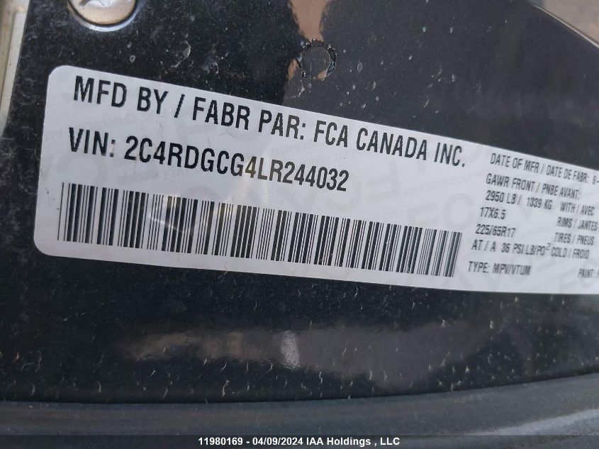 2020 Dodge Grand Caravan Premium Plus VIN: 2C4RDGCG4LR244032 Lot: 11980169