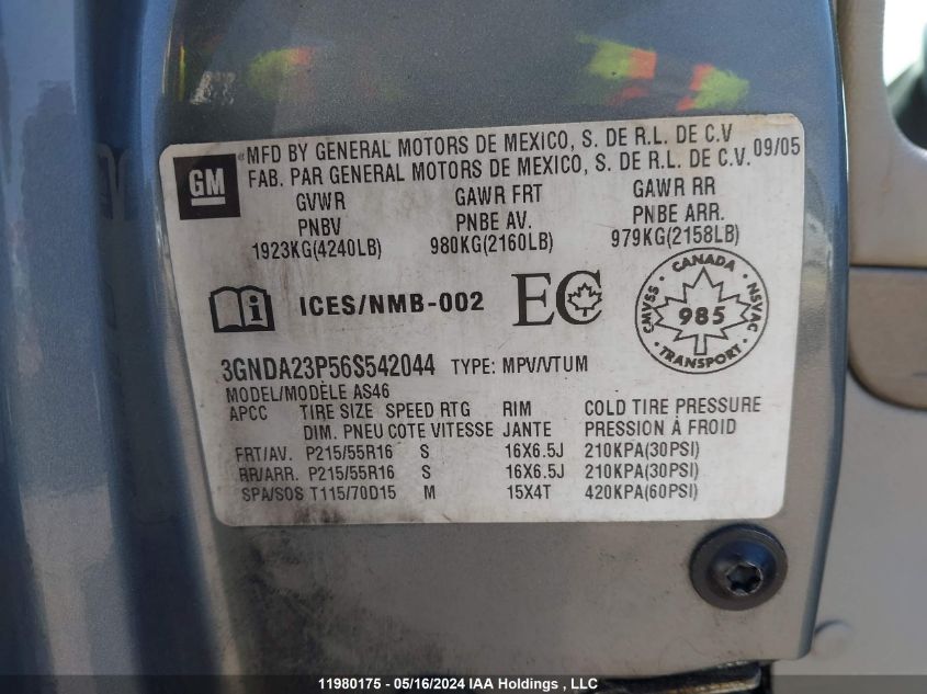 2006 Chevrolet Hhr VIN: 3GNDA23P56S542044 Lot: 11980175